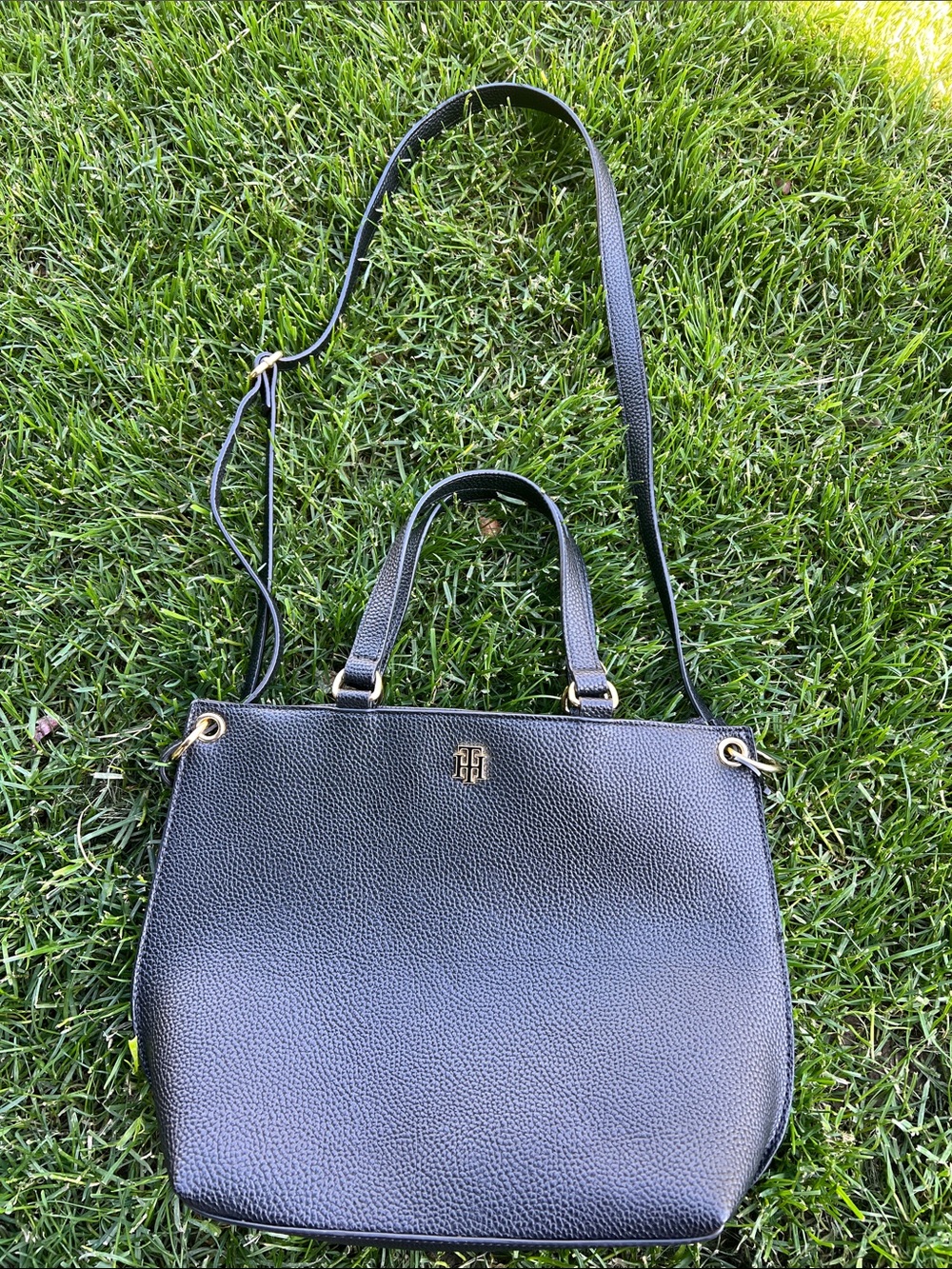 Tommy Hilfiger Black Pebbled Leather Shoulder Tote with Gold Hardware